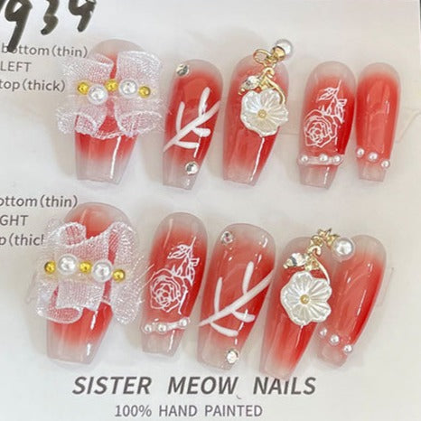Designer: MeowMeow.Handmade Nail Designs Press on Nails DIY  Nail Art for woman girl Long Coffin red