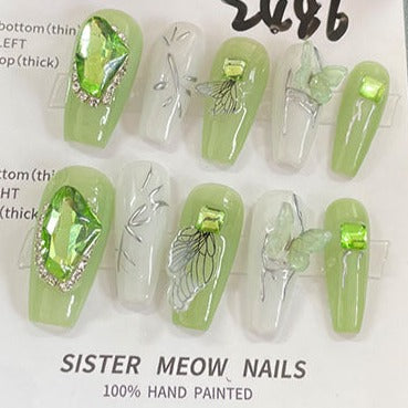 Designer: MeowMeow.Handmade Nail Designs Press on Nails DIY  Nail Art for woman girl Long Coffin green