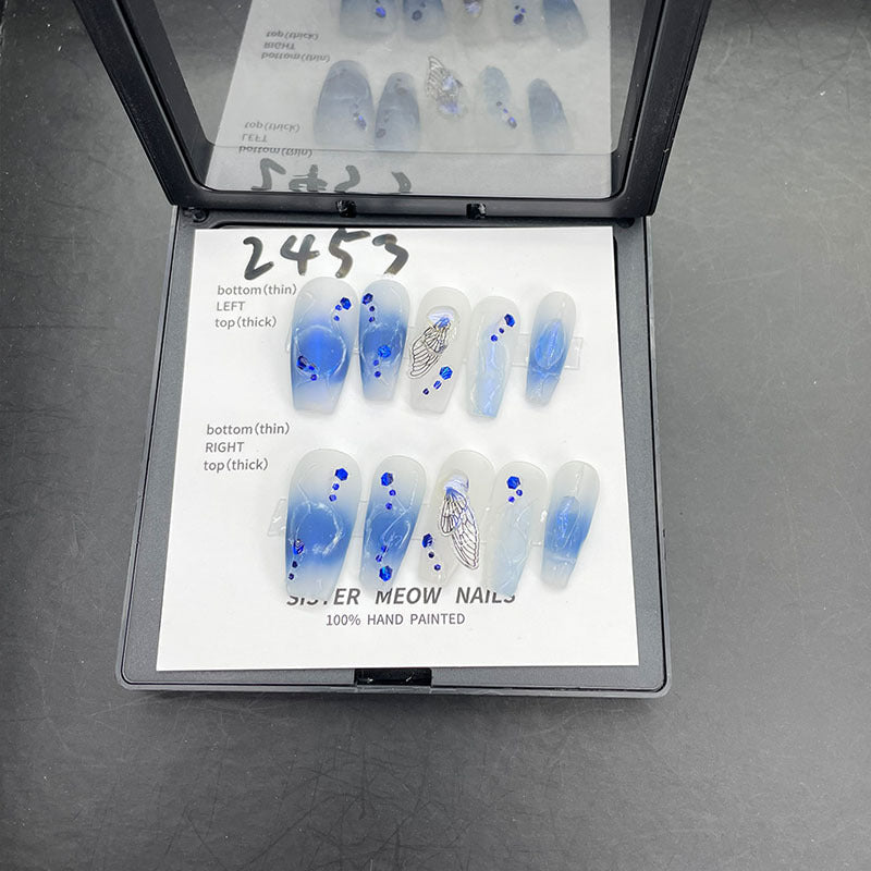 Designer: MeowMeow.Handmade Nail Designs Press on Nails DIY  Nail Art for woman girl Long Coffin blue