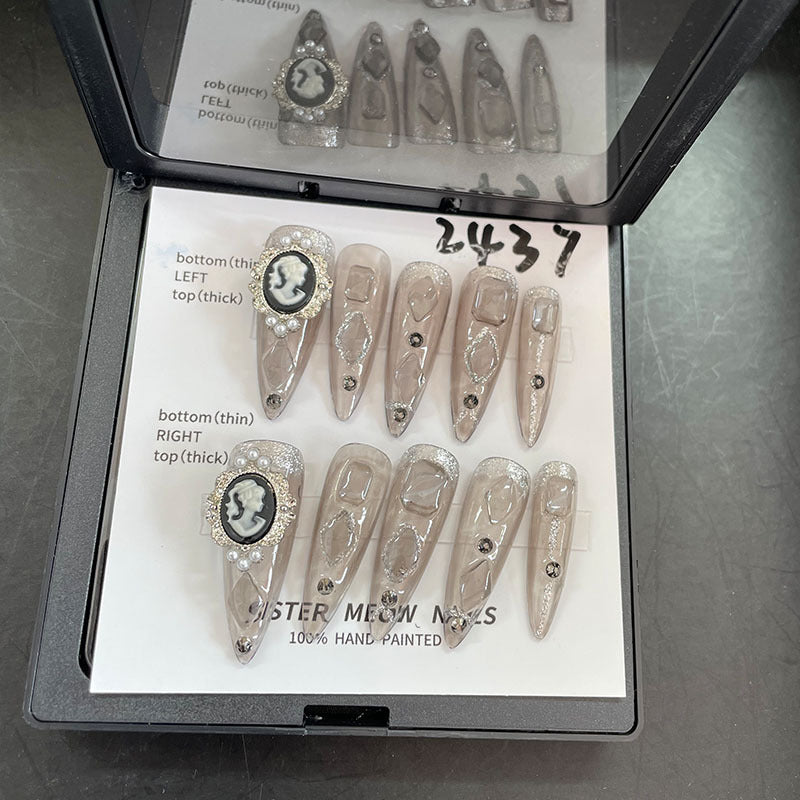 Designer: MeowMeow.Handmade Nail Designs Press on Nails DIY  Nail Art for woman girl Almond Long gray