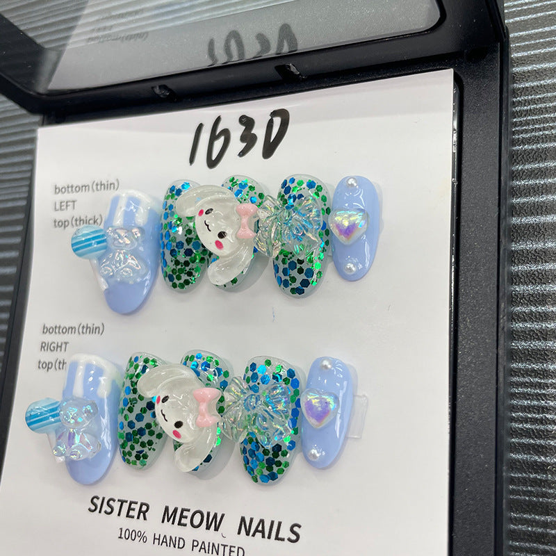 Designer: MeowMeow.Handmade Nail Designs Press on Nails DIY  Nail Art for woman girl Almond Long Cartoon blue