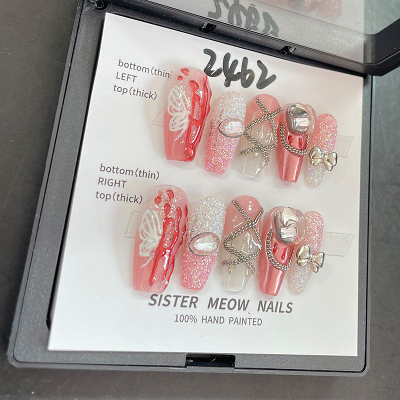 Designer: MeowMeow.Handmade Nail Designs Press on Nails DIY  Nail Art for woman girl Long Coffin pink
