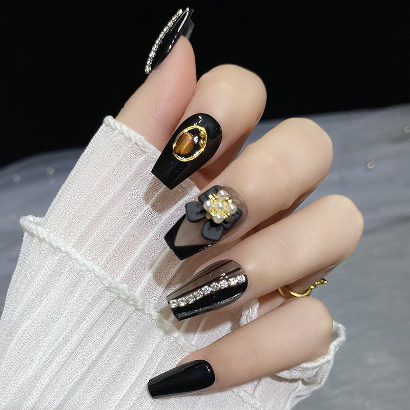 Designer: HuaHua.Handmade nails Press on Nails DIY Nail Art for woman girl Long Coffin black