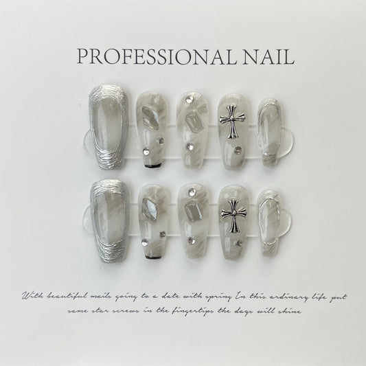 Designer: ManMan Handmade nails Press on Nails DIY Nail Art for woman girl Long Coffin gray
