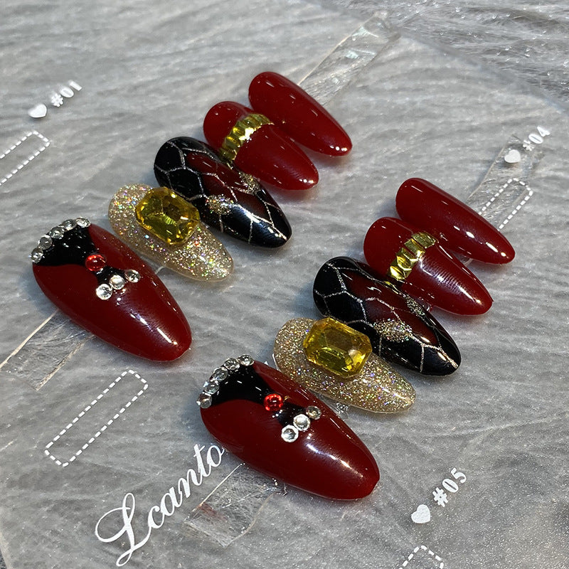 Designer: HuaHua.Handmade nails Press on Nails DIY Nail Art for woman girl Almond Long red