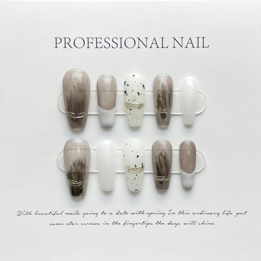 Designer: ManMan Handmade nails Press on Nails DIY Nail Art for woman girl Long Coffin gray
