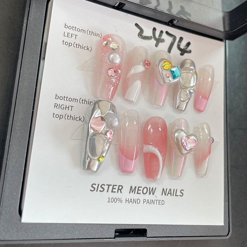 Designer: MeowMeow.Handmade Nail Designs Press on Nails DIY  Nail Art for woman girl Long Coffin pink