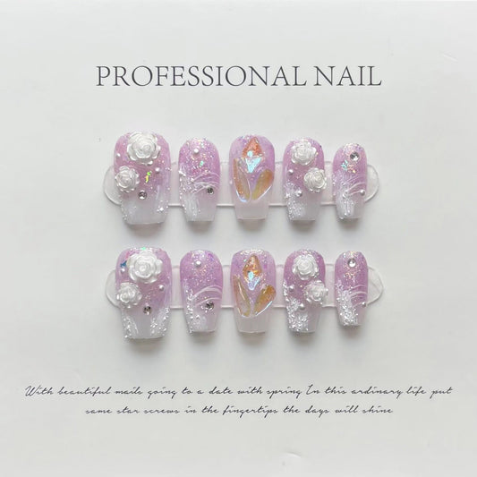 Designer: ManMan Handmade nails Press on Nails DIY Nail Art for woman girl Long Coffin mauve
