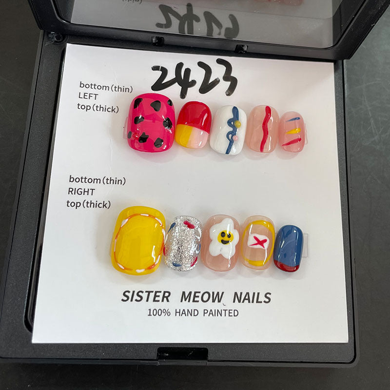 Designer: MeowMeow.Handmade Nail Designs Press on Nails DIY  Nail Art for woman girl Short Square colorful Cartoon