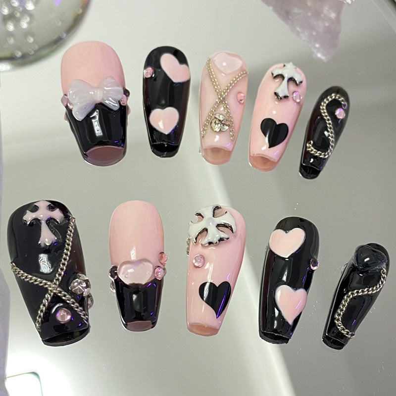 Designer: MeowMeow.Handmade Nail Designs Press on Nails DIY  Nail Art for woman girl Long Coffin pink black