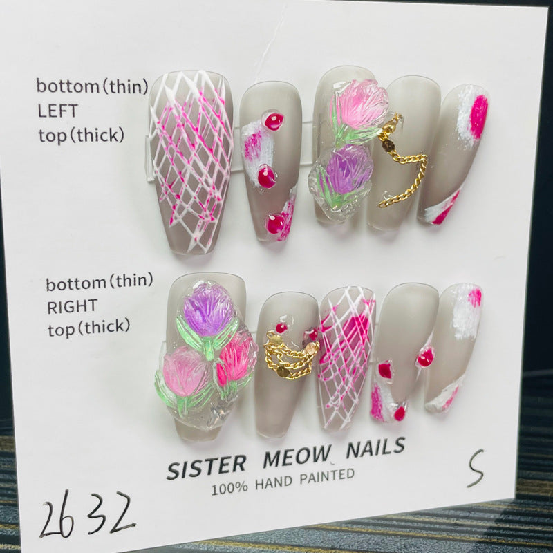 Designer: MeowMeow.Handmade Nail Designs Press on Nails DIY  Nail Art for woman girl Long Coffin pink gray