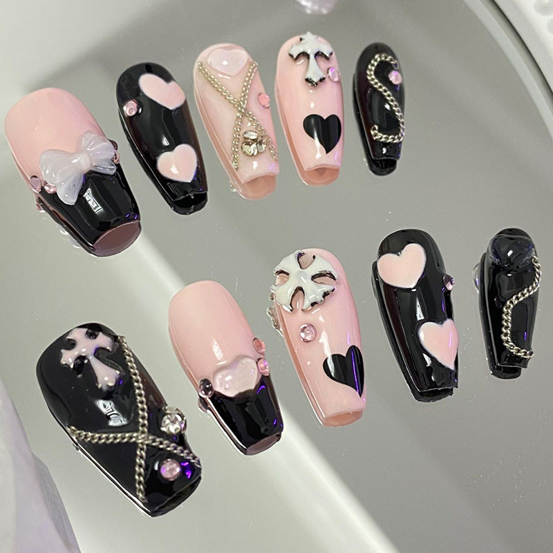 Designer: MeowMeow.Handmade Nail Designs Press on Nails DIY  Nail Art for woman girl Long Coffin pink black