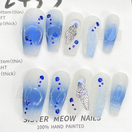 Designer: MeowMeow.Handmade Nail Designs Press on Nails DIY  Nail Art for woman girl Long Coffin blue