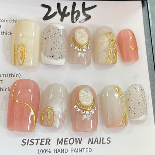 Designer: MeowMeow.Handmade Nail Designs Press on Nails DIY  Nail Art for woman girl Long Square pink