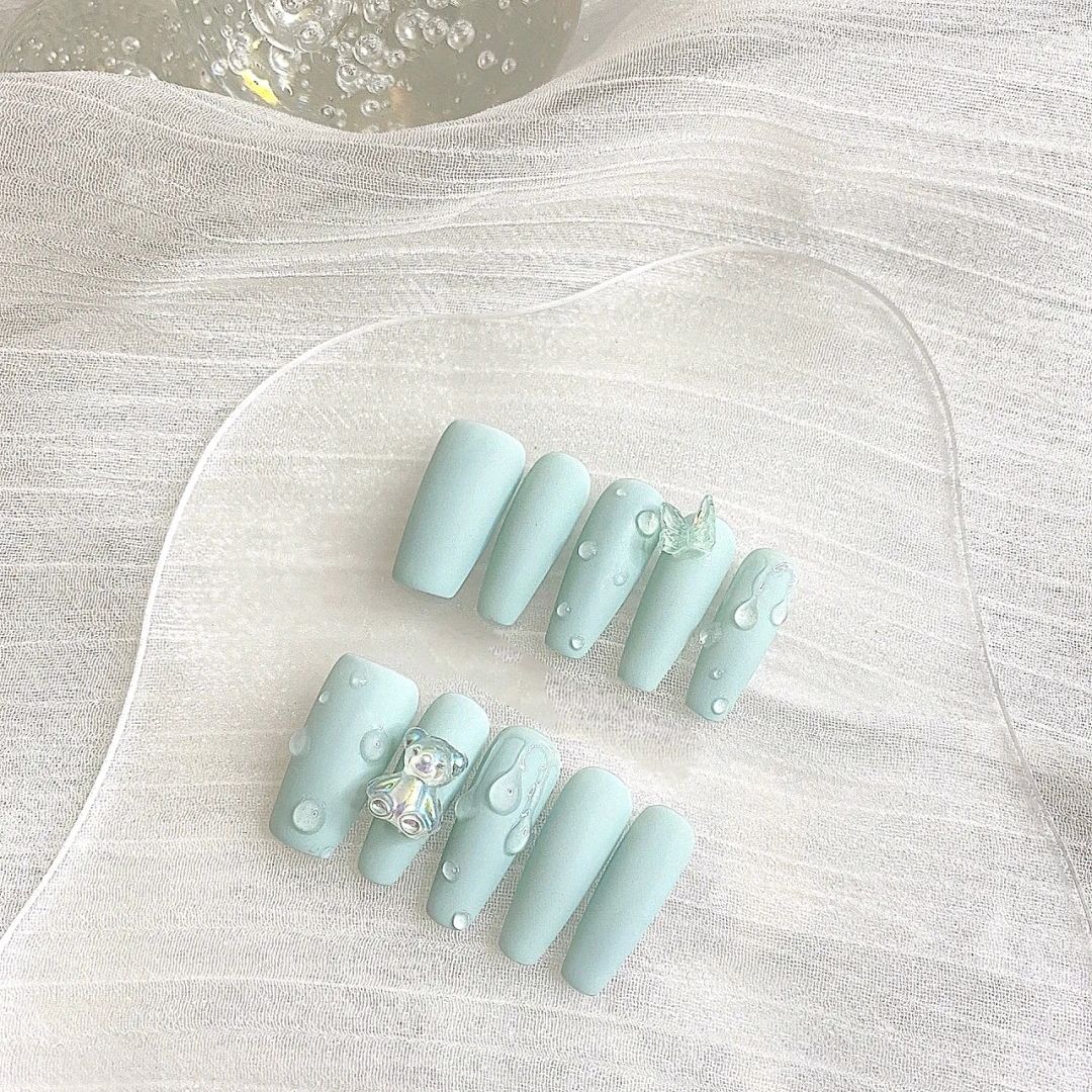 Designer: PinPin 3014.Handmade nails Press on Nails DIY Nail Art for woman girl Long Coffin blue green