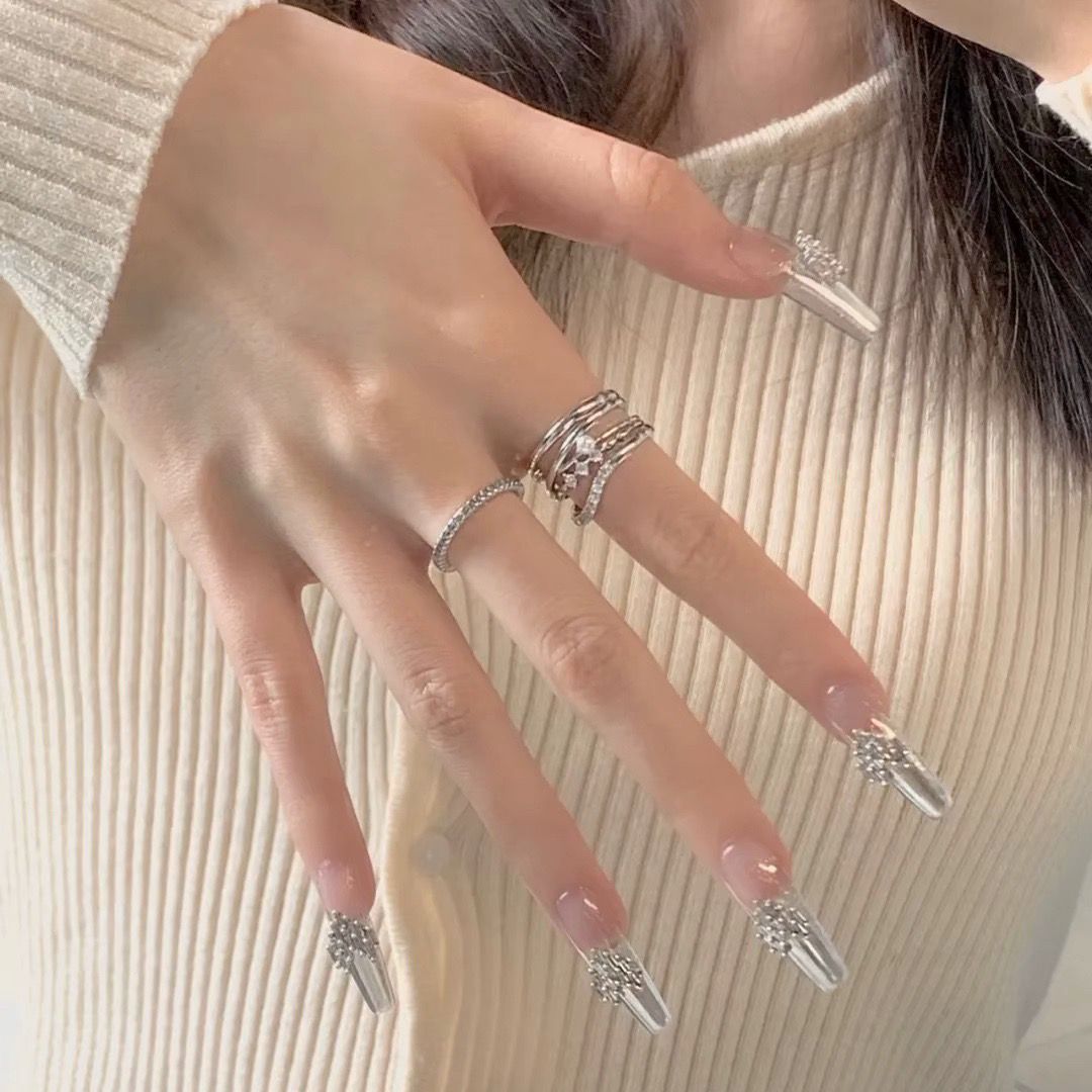 Designer: DuoDuo 2055.Handmade nails Press on Nails DIY Nail Art for woman girl French Long Coffin silver