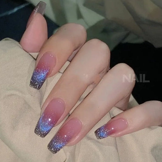 Designer: DuoDuo 1208.Handmade nails Press on Nails DIY Nail Art for woman girl French cat eye Shining Long Coffin pink