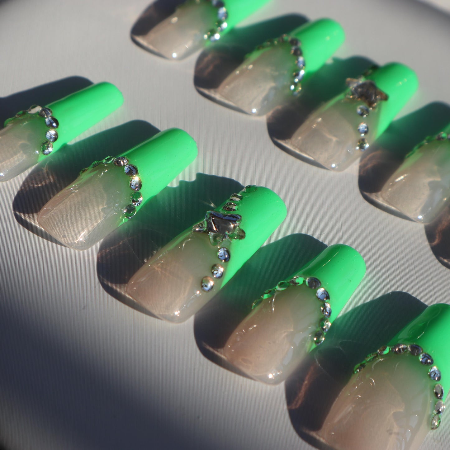 Designer: XinXin 85.Pink Green rhinestone star long T handmade nails Press on Nails DIY Nail