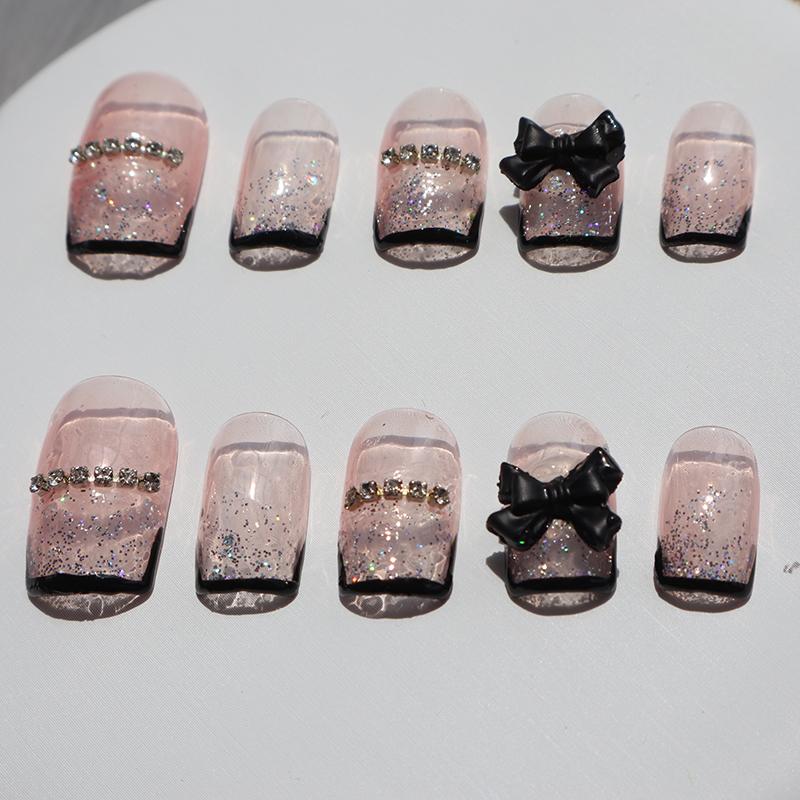 Designer: XinXin 37.Pink rhinestones black bow-knot short  handmade nails Press on Nails DIY Nail Art