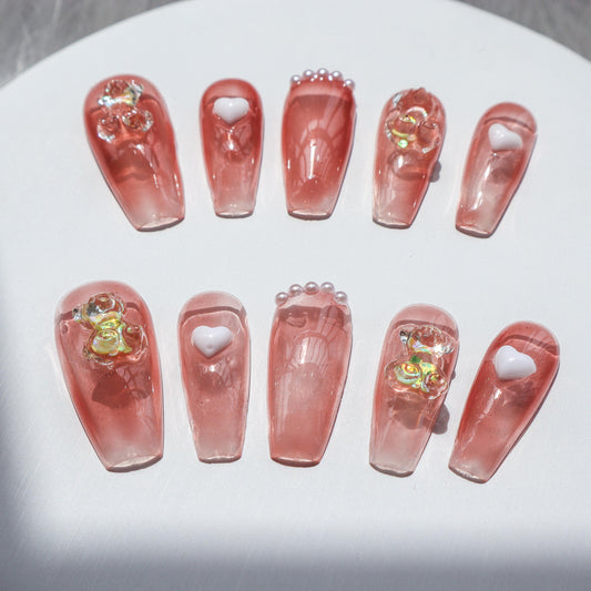 Designer: XinXin 35.Gummy bear pink heart handmade nails Press on Nails DIY Nail Art