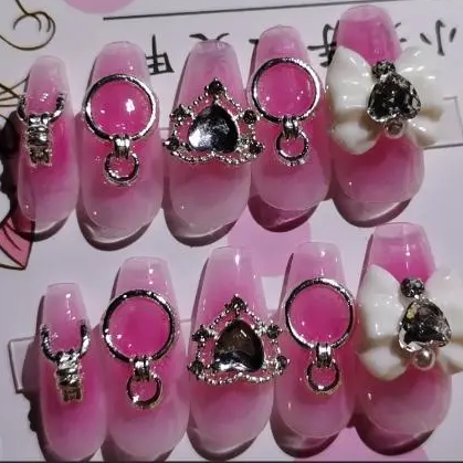 Designer: PinPin 1408.Handmade nails Press on Nails DIY Nail Art for woman girl Long Coffin pink Metal