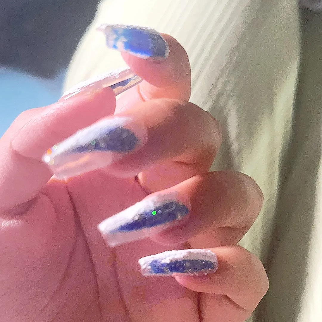 Designer: DuoDuo 1504.Handmade nails Press on Nails DIY Nail Art for woman girl Long Coffin blue white