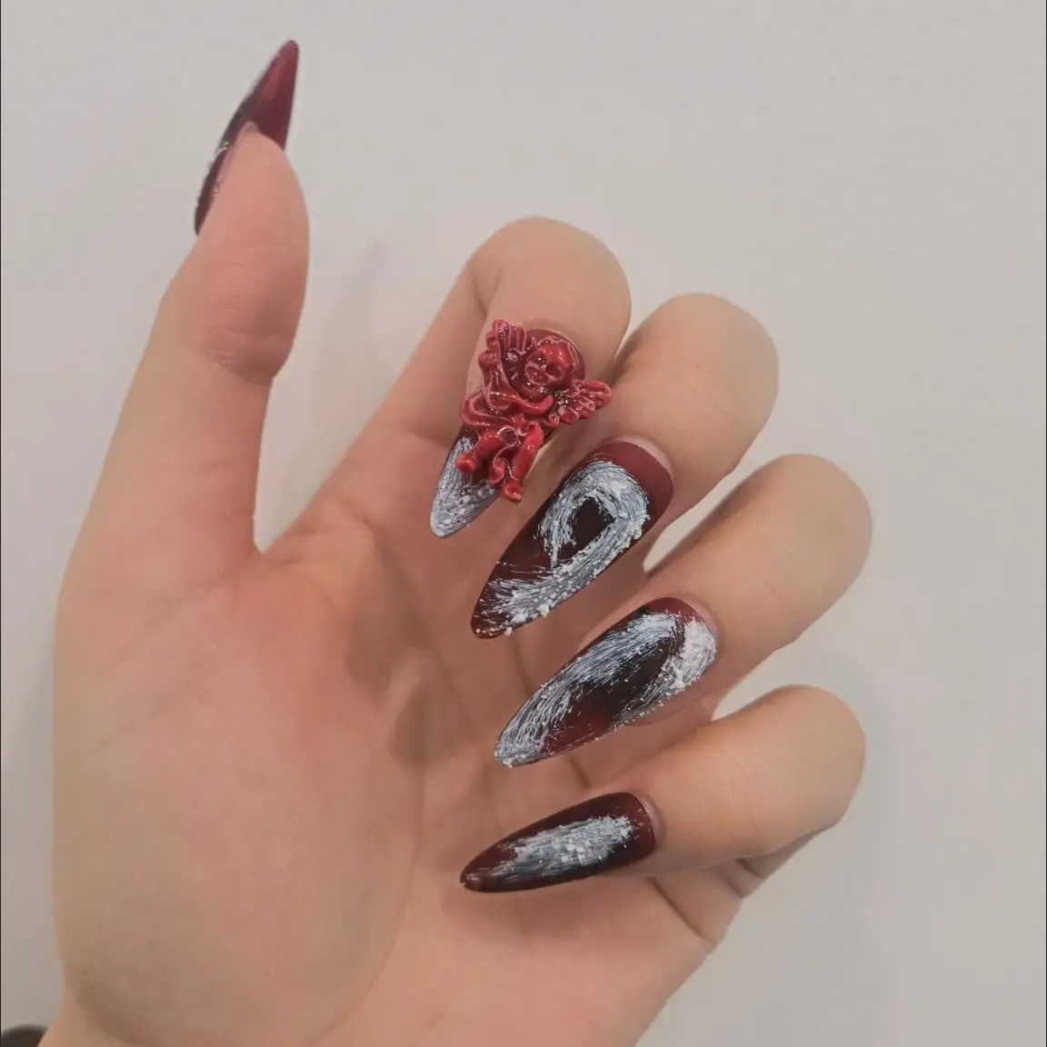 Designer: DuoDuo 1619.Handmade nails Press on Nails DIY Nail Art for woman girl Almond red Long