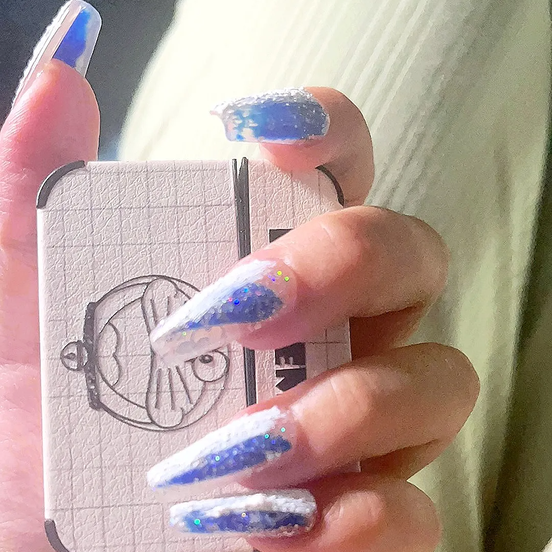 Designer: DuoDuo 1504.Handmade nails Press on Nails DIY Nail Art for woman girl Long Coffin blue white