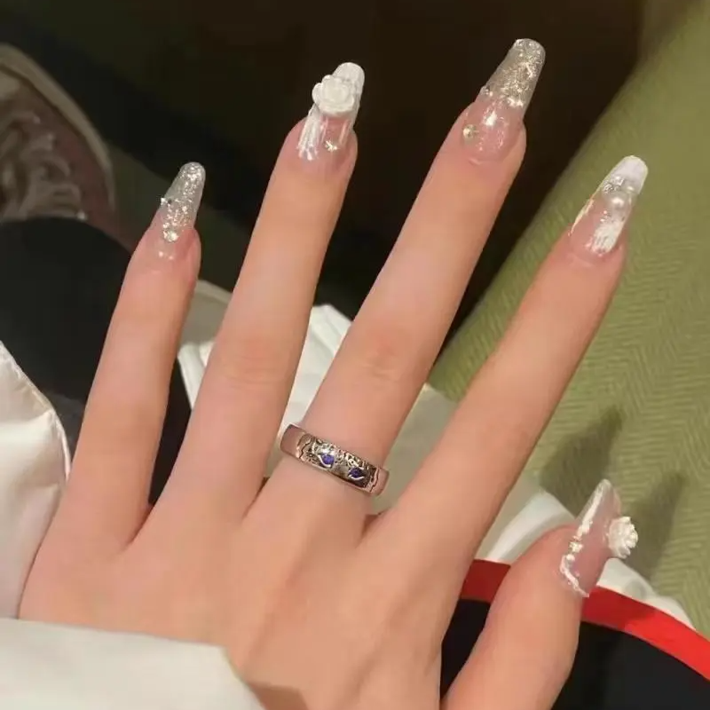 Designer: DuoDuo 1503.Handmade nails Press on Nails DIY Nail Art for woman girl Coffin wedding pink white Long