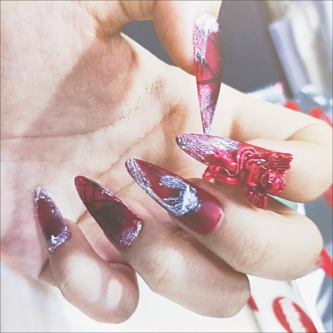 Designer: DuoDuo 1619.Handmade nails Press on Nails DIY Nail Art for woman girl Almond red Long