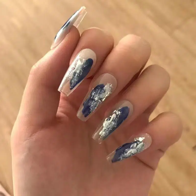 Designer: DuoDuo 1504.Handmade nails Press on Nails DIY Nail Art for woman girl Long Coffin blue white