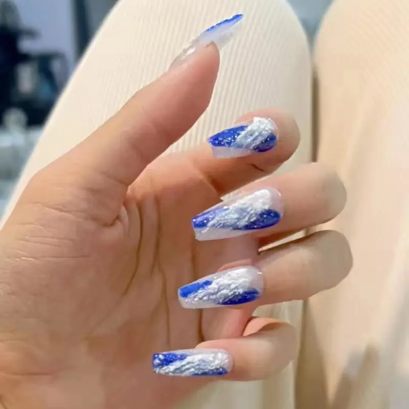 Designer: DuoDuo 1504.Handmade nails Press on Nails DIY Nail Art for woman girl Long Coffin blue white