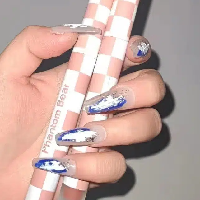 Designer: DuoDuo 1504.Handmade nails Press on Nails DIY Nail Art for woman girl Long Coffin blue white
