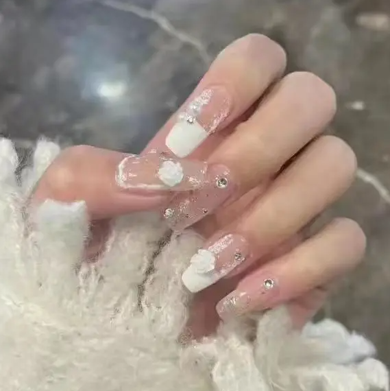 Designer: DuoDuo 1503.Handmade nails Press on Nails DIY Nail Art for woman girl Coffin wedding pink white Long