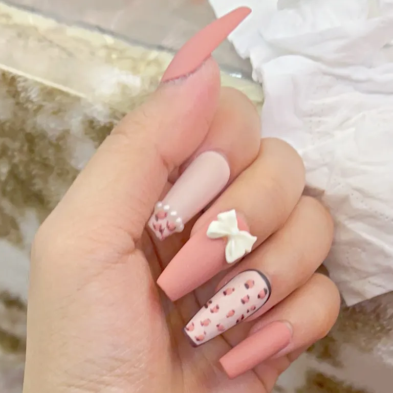 Designer: DuoDuo 1606.Handmade nails Press on Nails DIY Nail Art for woman girl Long Coffin pink Cartoon