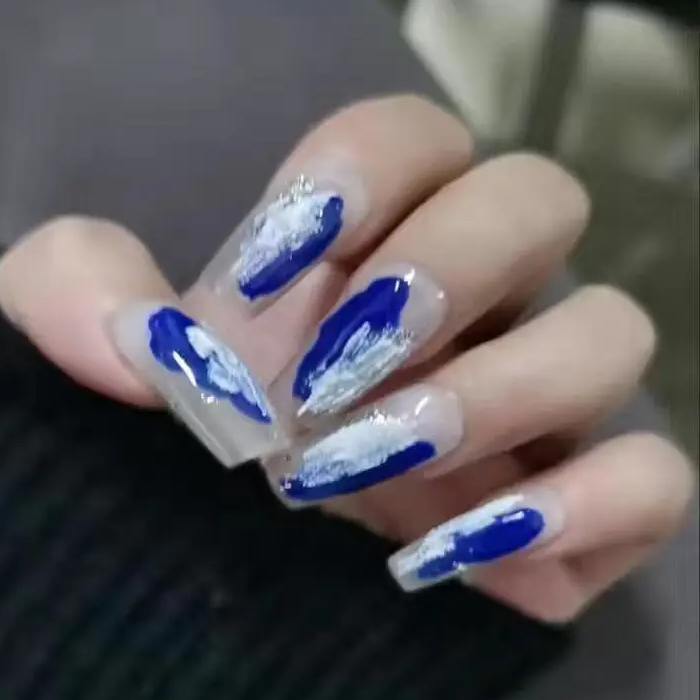 Designer: DuoDuo 1504.Handmade nails Press on Nails DIY Nail Art for woman girl Long Coffin blue white