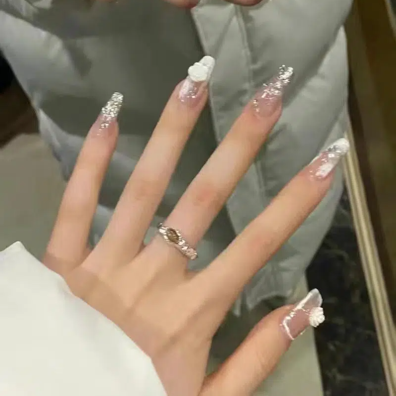 Designer: DuoDuo 1503.Handmade nails Press on Nails DIY Nail Art for woman girl Coffin wedding pink white Long