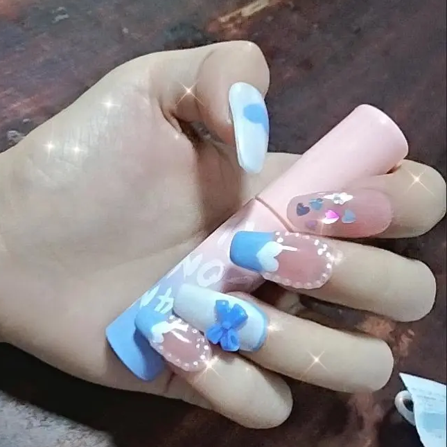 Designer: DuoDuo 1418.Handmade nails Press on Nails DIY Nail Art for woman girl Coffin Long French pink