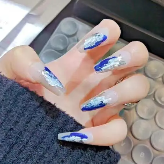 Designer: DuoDuo 1504.Handmade nails Press on Nails DIY Nail Art for woman girl Long Coffin blue white