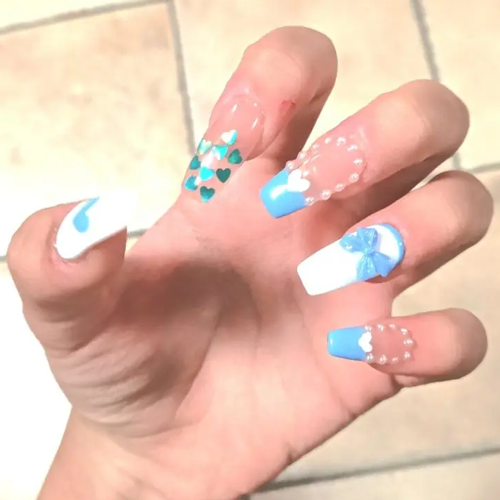 Designer: DuoDuo 1418.Handmade nails Press on Nails DIY Nail Art for woman girl Coffin Long French pink