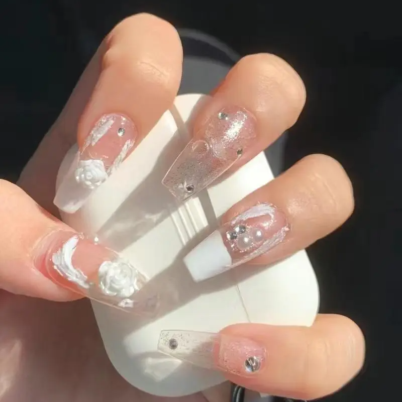 Designer: DuoDuo 1503.Handmade nails Press on Nails DIY Nail Art for woman girl Coffin wedding pink white Long
