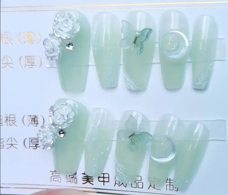 Designer: PinPin 1116.Handmade nails Press on Nails DIY Nail Art for woman girl Long Coffin green